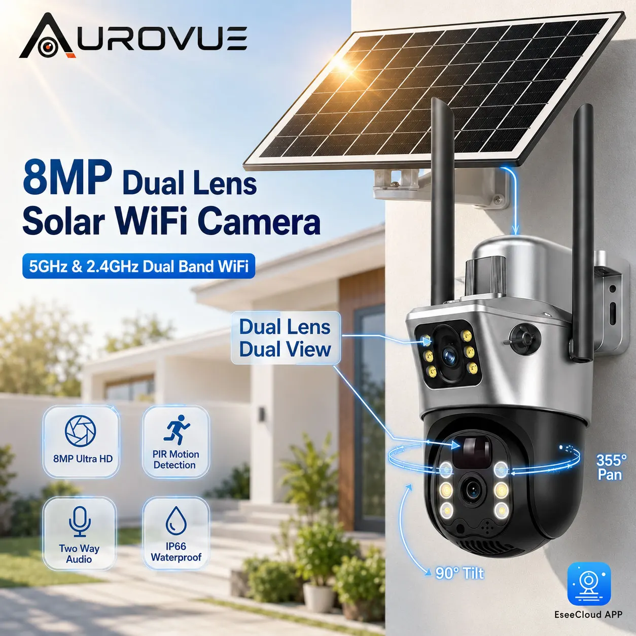 Caméra de sécurité PTZ extérieure 8MP à double objectif, alimentée par énergie solaire, Wi-Fi double bande 2.4G/5GHz, détection de mouvement PIR, détection humaine IA, audio bidirectionnel, vision nocturne couleur, étanche IP66, visualisation à distance via application, stockage sur carte TF, pour maison, jardin, garage, ferme