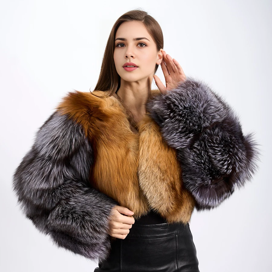 Short Red Fox Fur Coat With Round Collar Real Fur Petite Jacket Natural Silver Fox Fur Jacket Hot Selling Women's Leather Jacket