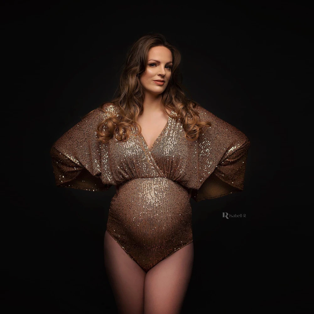 Maternity Photo Shoot Photography Dress For Women Sequins Bodysuit Private Photos Sexy Shiny Long Sleeve Jumpsuit Props Costumes