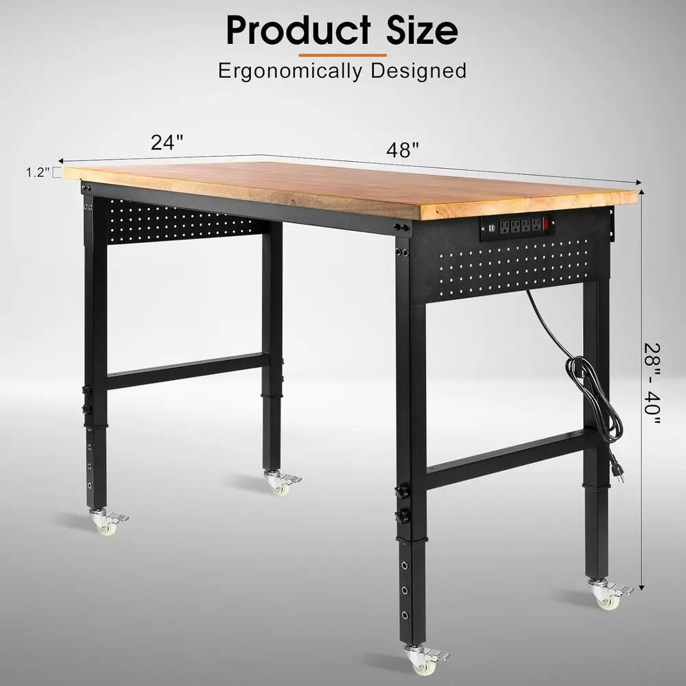 48 منضدة عمل ذات قوة صناعية على عجلات، سعة 2000 رطلاً، طاولة خشبية مطاطية مع منافذ طاقة ولوح بيجب لورش العمل أ #2