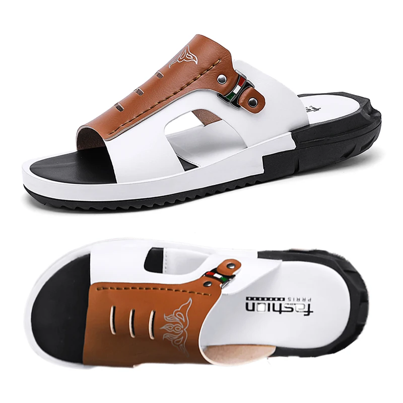 Men's Slippers Summer Leather Sandals New Non-slip Wear-resistant Beach Shoes Leather Sandals Casual Sandals Slippers Slides Men