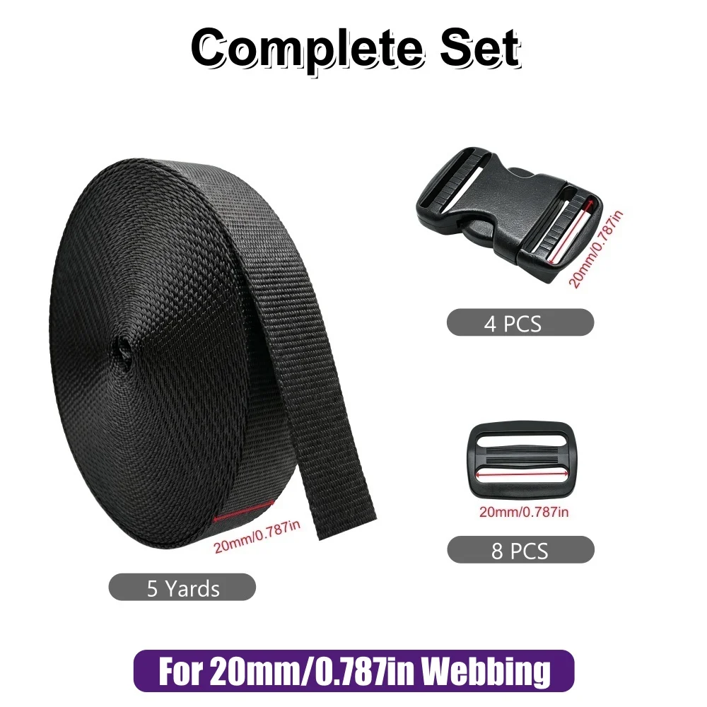 10-50mm 5 Yards Schwarzes Nylon-Gurtband, 4x Schnellverschluss-Schnallen, 8x Tri-Glide Schiebeclips DIY Rucksack-Schnallen und Gurtsätze