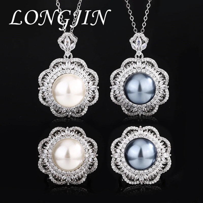 

2024 14mm Pearl Fashion Retro Flower Pendant Necklace Adjustable Ring 5A Cubic Zirconia Stone Women Dress Accessory Jewelry Gift