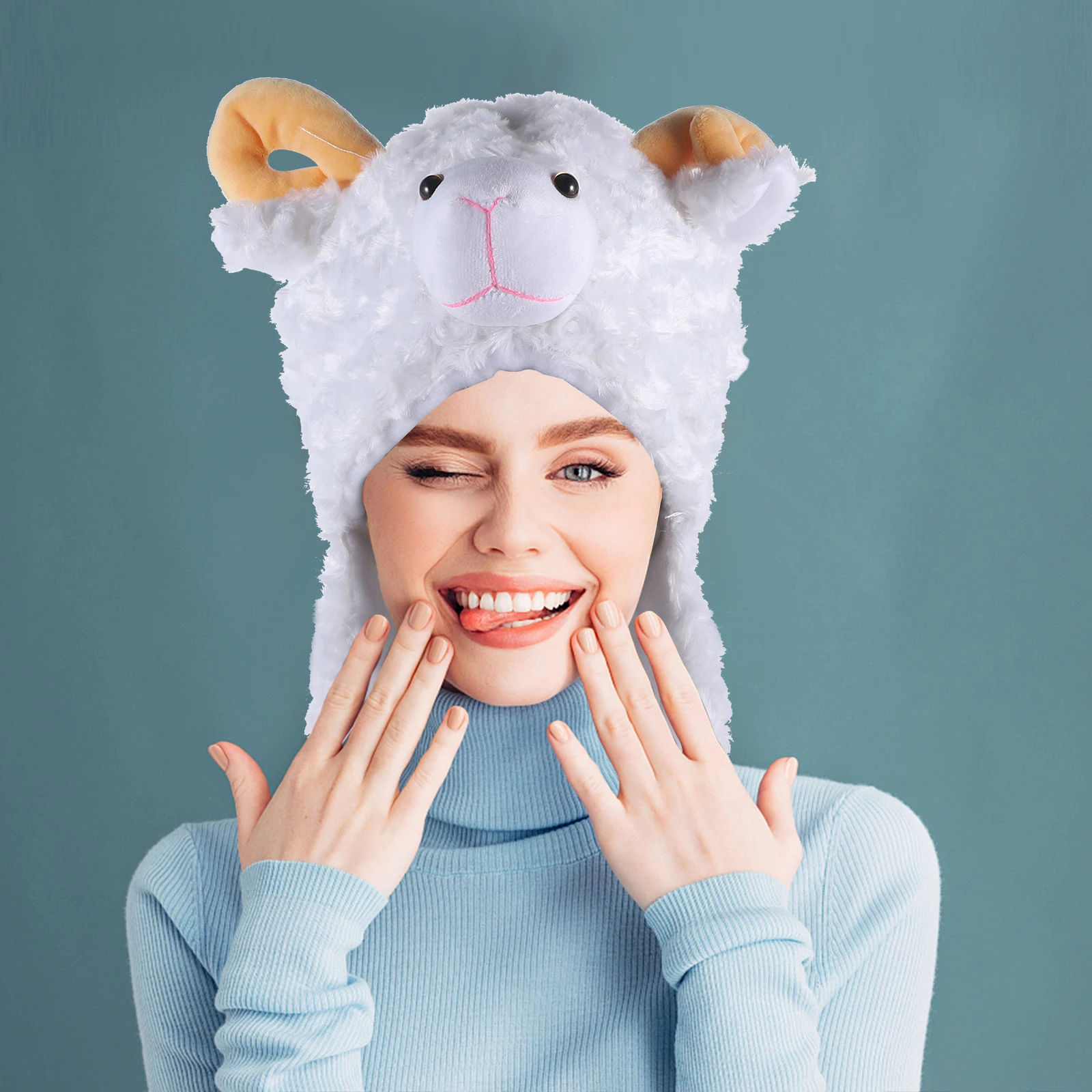 الحيوان الشتاء التزلج نمط إيرفلاب هود للأطفال البالغين الأغنام تصميم أغطية الرأس الدافئة للطقس البارد الحيوان هود قبعة #5