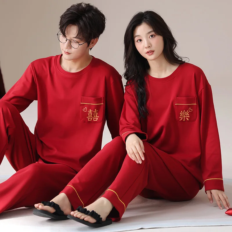 Autumn Lovers Pajamas Festive Red Long Sleeve Male Pajama Set Men Knit Cotton Pyjamas For Women Sleepwear Suit Couple Homewear