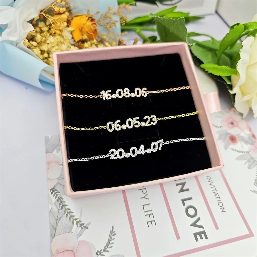 2023 Custom Anniversary Date Bracelet Personalized Number Zircon Charm Bracelet Chain Memorial Women Gifts Jewelry