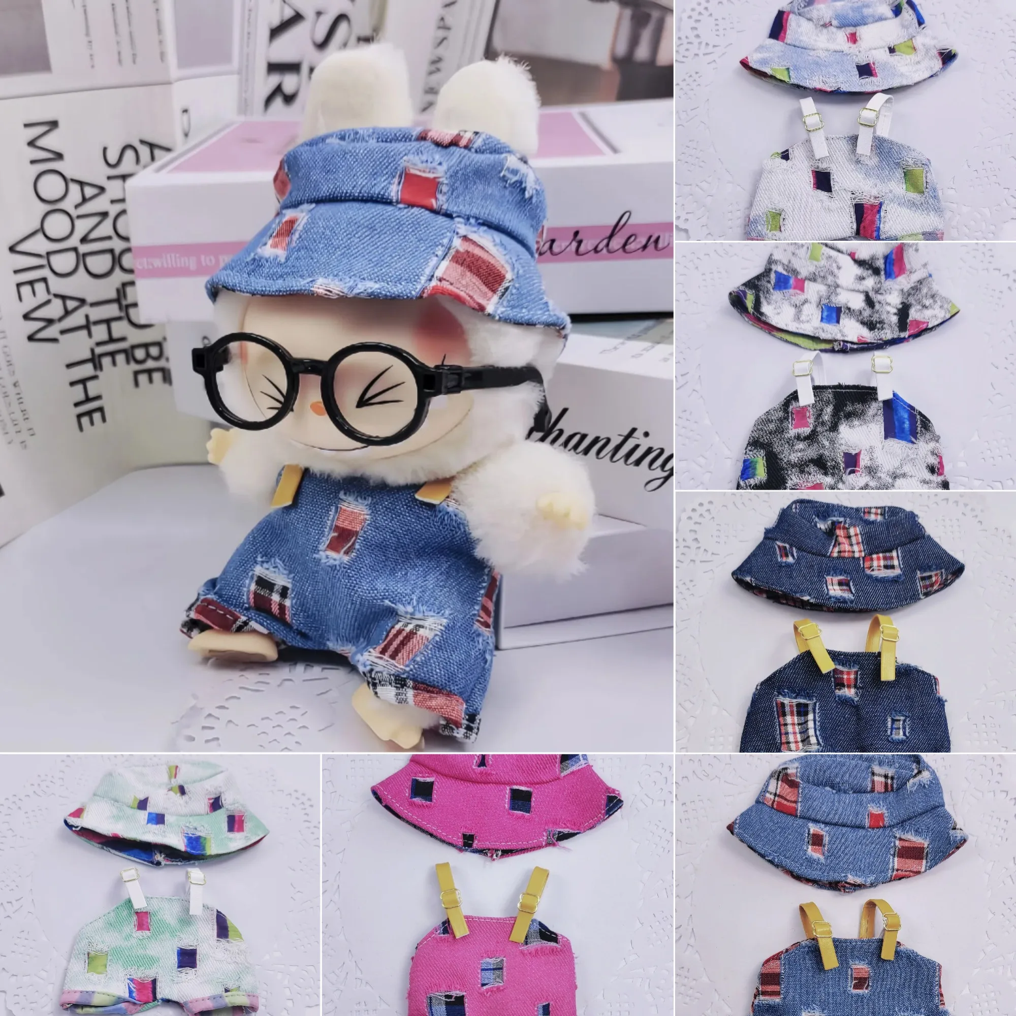

LABUBU Denim Street Style Outfit Distressed Patchwork Bucket Hat And Overalls Set Urban Vibe For 15/17cm 1st 2nd 3rd Gen Dolls