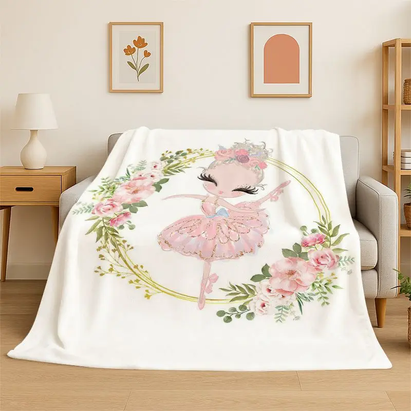Ballet Girl Cartoon Flower Fairy Flannel Blanket Soft Warm Throw Blanket for Bedroom Living Room Bed Travel Camping Picnic Cover