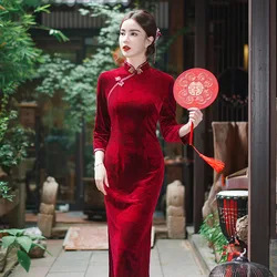High Quality Plus Size Velvet Cheongsam 4 Colors Women Party Wedding Long Dress Long Sleeve Winter Traditional Qipao S2420