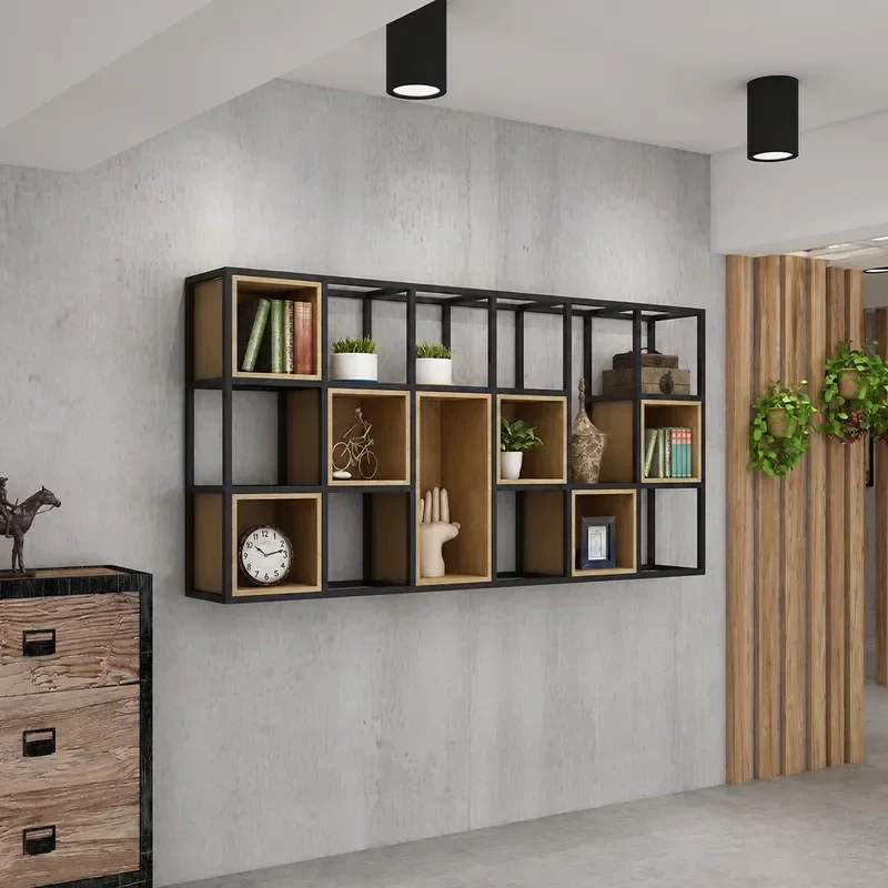 Industrial Wrought Iron Wall Shelf Multi Layer Solid Wood Bookshelf Loft Style Hanging Storage Rack for Restaurant Home Decor