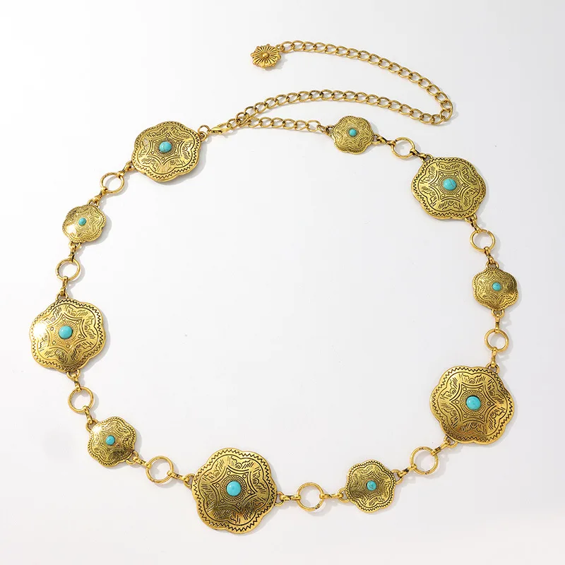 Ladies Flower Turquoise Western Aesthetic Bohemian Everything Stylish Metal Texture European and American Waist Chain