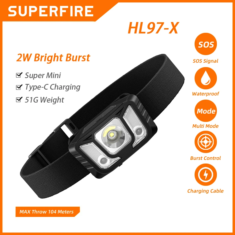 

Портативный мини-налобный фонарь SUPERFIRE HL97-X Type-C, перезаряжаемая фара, 4 режима освещения, для рыбалки, кемпинга, головная лампа, для повседневного использования