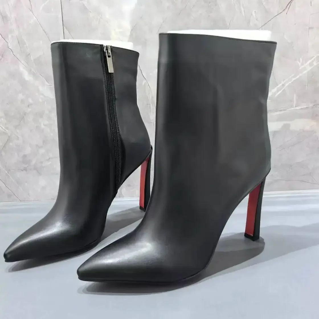 

Red Sole Mid-Calf Boots For Women Pointed Toe Black Leather Botas De Mujer Back Zipper Office Lady Career Shoes Female High Heel