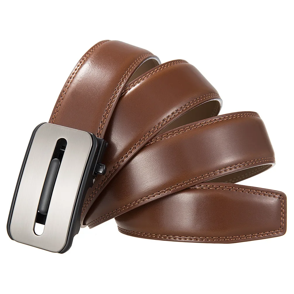 Plyesxale 2025 جديد بقرة جلد طبيعي حزام رجالي جلد البقر حزام الذكور التلقائي مشبك أحزمة للرجال القهوة السوداء الأحمر البني B1288 #2