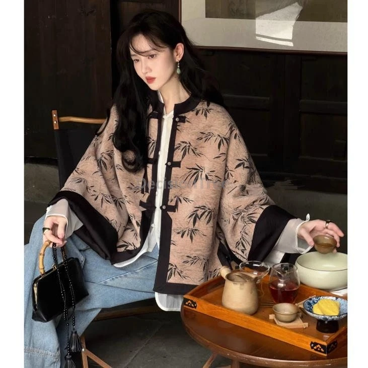 معطف بدلة تانغ صيني مطبوع عليه حبر عتيق لعام 2025 معطف خريفي فضفاض غير رسمي أنيق متعدد الاستخدامات ملابس زن فنية للأدب