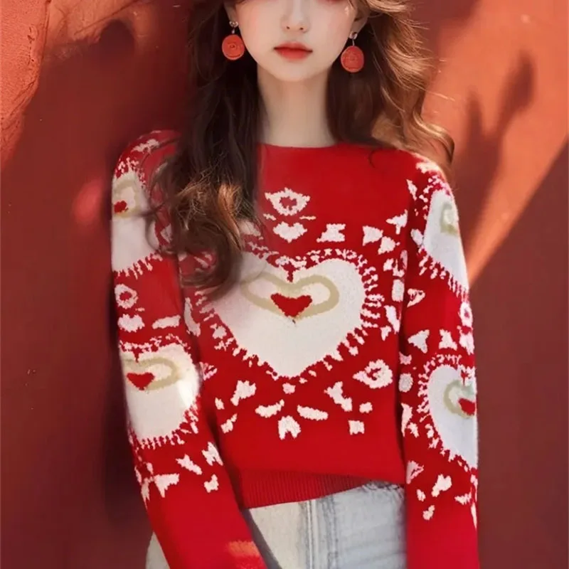 Christmas Red Heart-Shaped Sweater for Women NEW 2025 Spring Autumn Knitted Sweater Girlfriend Coat Pullover Top Pull Femme