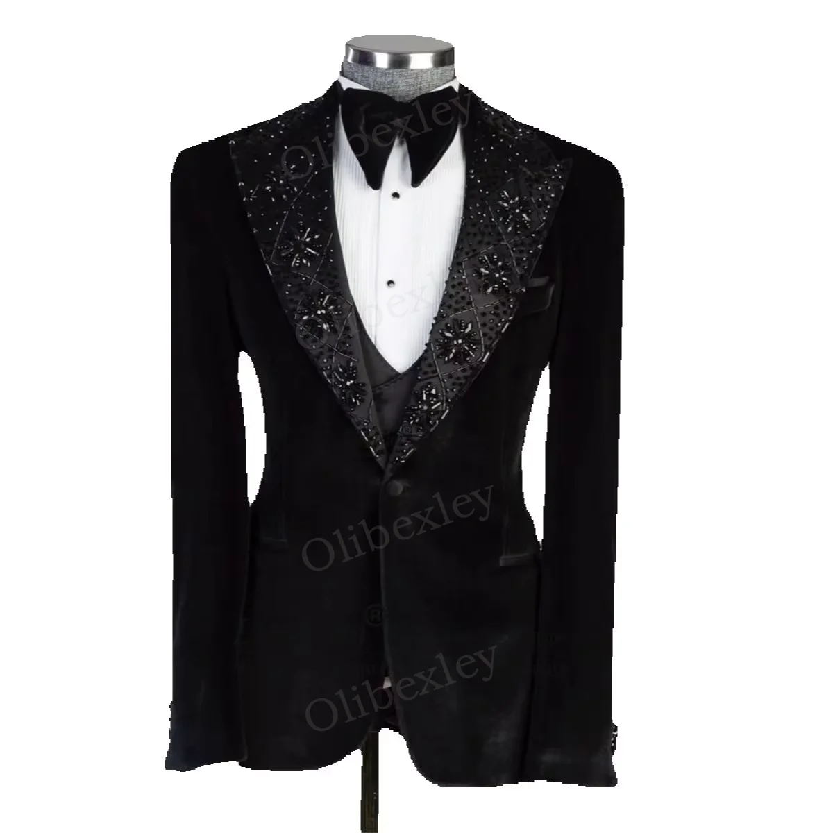 

Olibexley Luxury Slim Fit 2 Piece Suit for Men with Beaded Crystals One Button Design for Wedding Groom Business Dinner Party