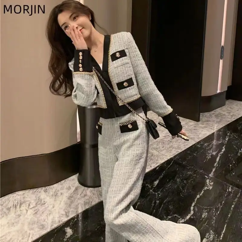 Trendy Coat Wide Leg Pants Set  French Spring Autumn Collection 2023 Featuring Luxurious Grey Two Piece Sets Womens Outifits