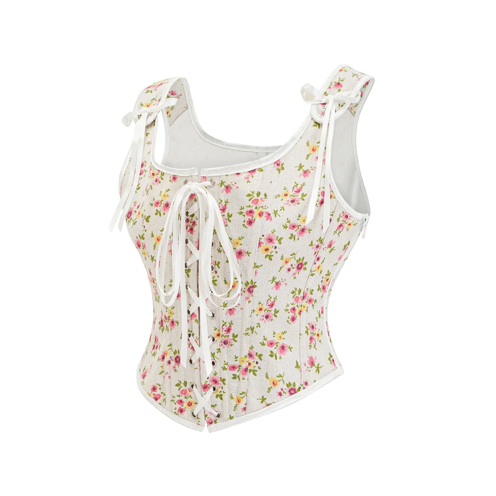 Floral Printed Front Lace Up Bustier Corset Top Women Vintage Clothes