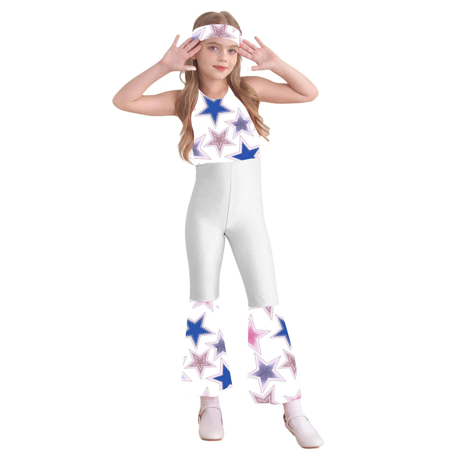 Crianças meninas halloween 70s disco cosplay traje hippie traje sem mangas cintura alta sino inferior macacão com bandana conjunto