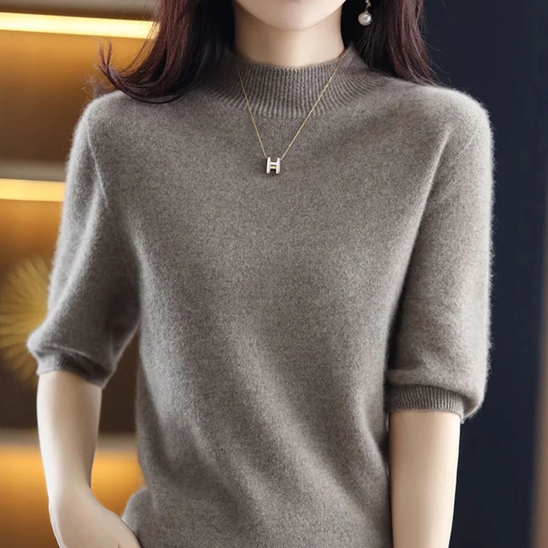 

Short Sleeve Half High Collar Knitted Women Sweater Pullover Slim Knit Sweater Women Tops Blusas Mujer De Moda 2024 Verano J956