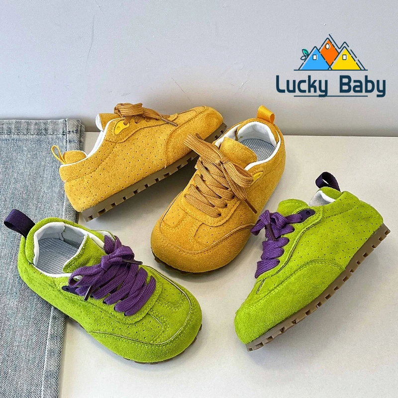 

2025 New Children Flat Shoes Real Leather Retro Boy Sneakers Shoes Girl Large Size Fashionable Forrest Gump Shoes