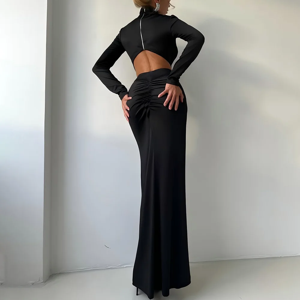 Apprabant outono inverno feminino maxi vestido dividido elegante preto gola alta ruched sexy sem costas cortar manga longa noite partywear