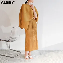 ALSEY Miyake Pleated Cape Suit for Women Summer New Fashion Suspender Skirt+irregular Lace-up Streetwear Shawl Two-piece Set