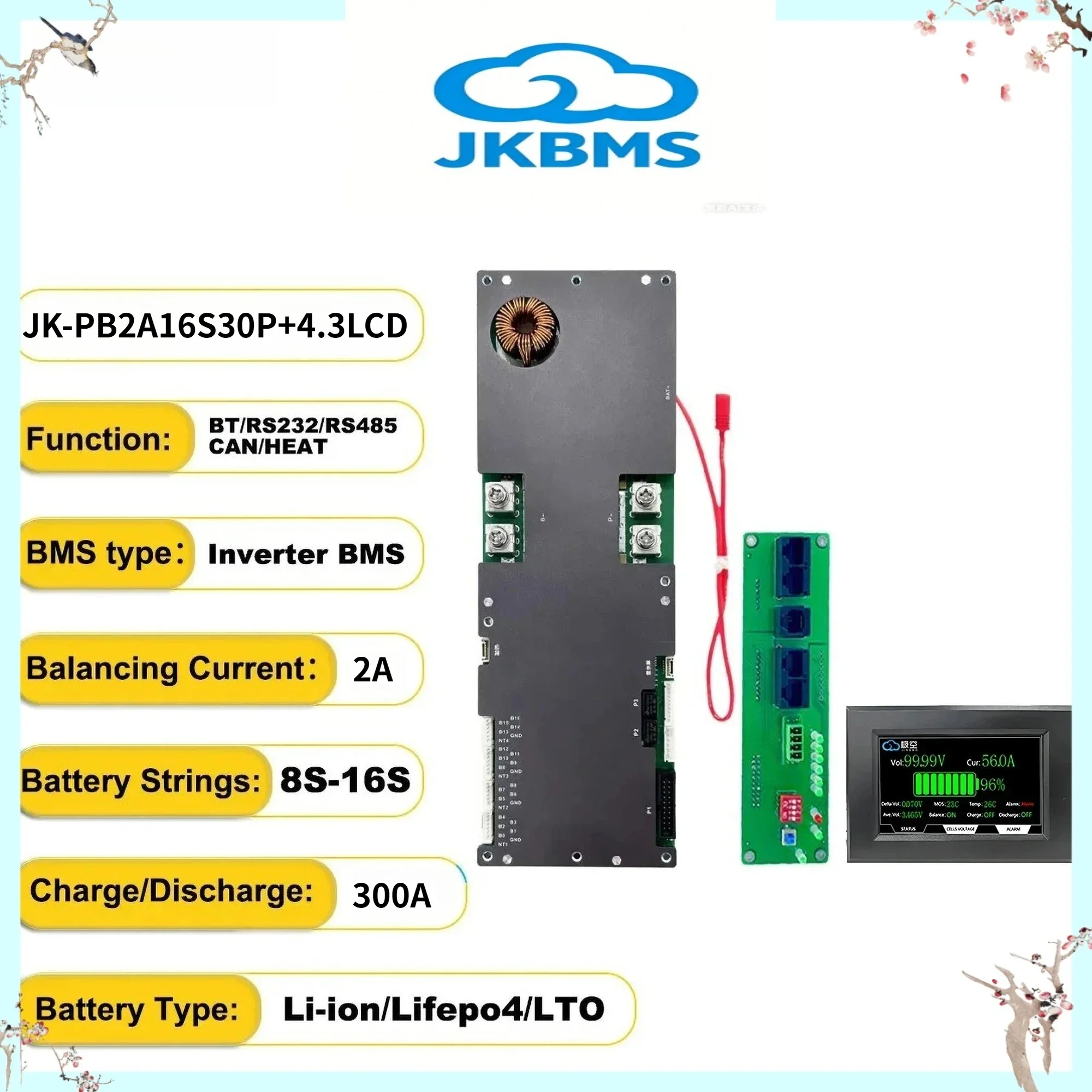 JK Inverter BMS JK-PB2A16S30P+4.3LCD Active Balance Current 2A 16S 24V 48V LiFePo4 Li-Ion Battery 300A Household Energy TC