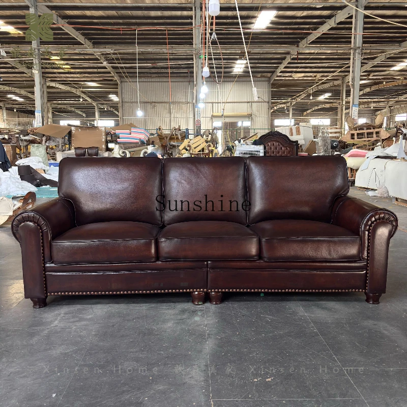 

American sofa big barton brown oil wax leather leather straight row living room furniture