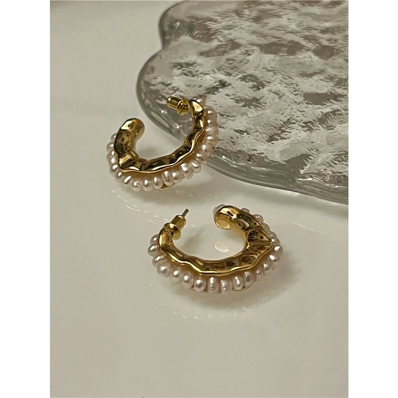 Brass With 18K Gold CC Real Natural Pearl Earrings Women Jewelry Party Boho T Show Gown Runway Party Rare Korean Japan Trendy