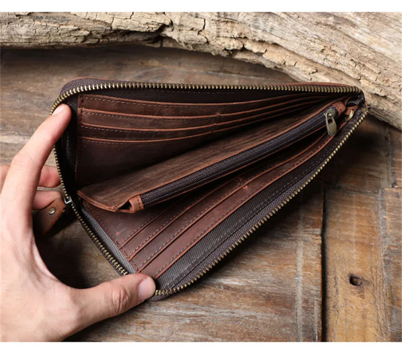 Portefeuille long en cuir véritable pour homme, porte-cartes multi-cartes, pochette pour téléphone, sac à main décontracté, cuir de vachette cheval, simple, vintage, élan