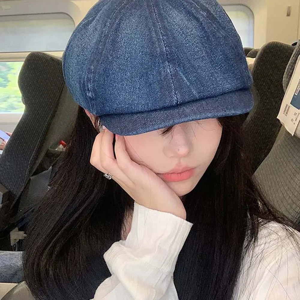 Cotton Denim Berets Cap Japanese Style Blue Retro Forward Hat Big Head Circumference Street Style Women Artist Hat Girls