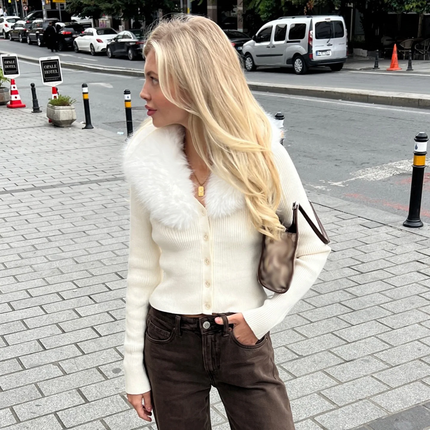 سترة صوفية للخريف والشتاء بياقة من الفرو الصناعي وصدر واحد سترة بمزاجية ضيقة للنساء #2