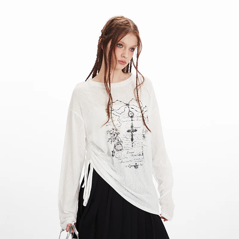 

2026 European and American Style Side Drawstring Design Cross Print Round Neck Long Sleeve T-Shirt for Women Slim Fit Versatile