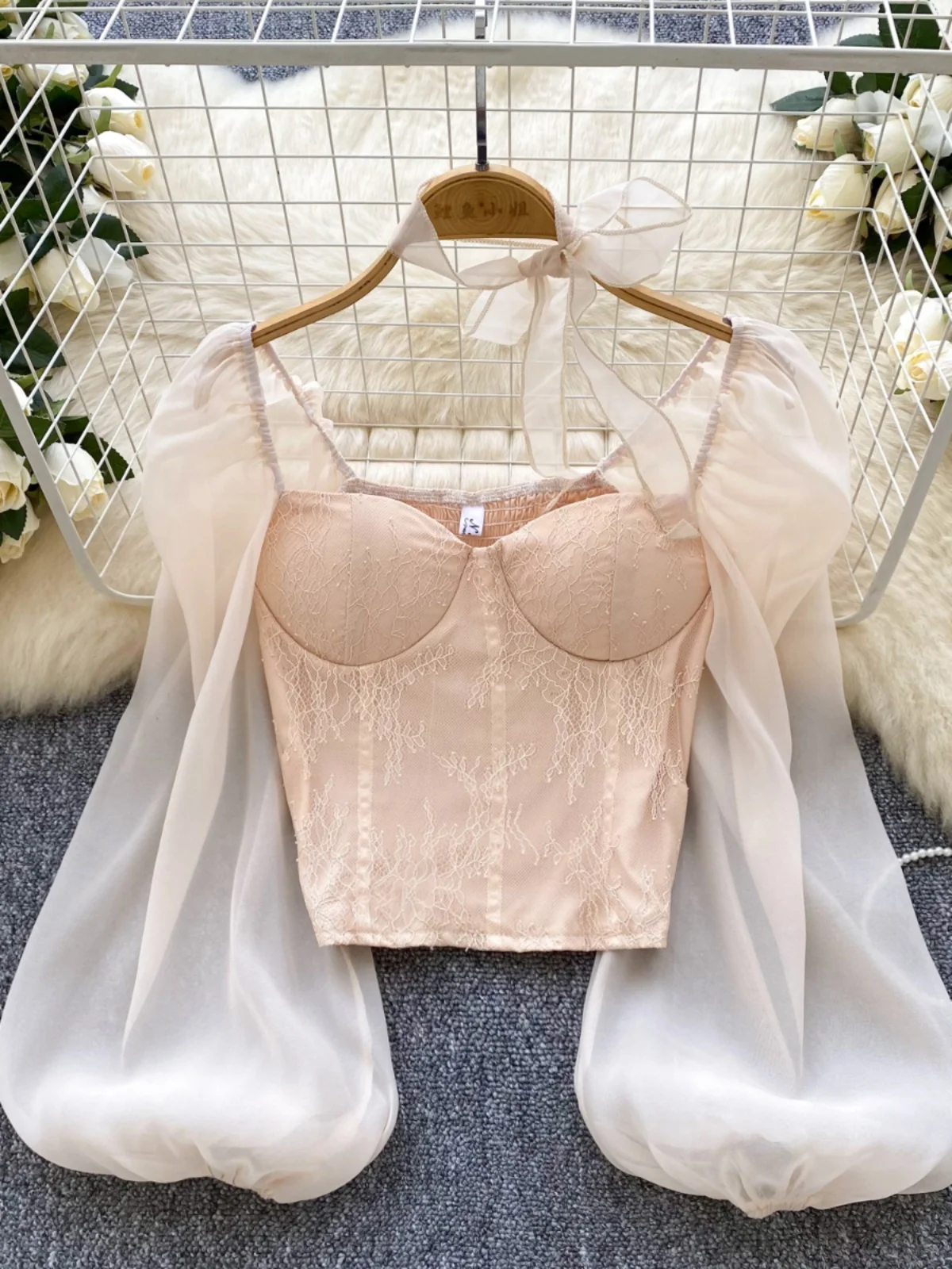 

Foamlina Girl's Sweet Short Chiffon Shirt Women's 2025 Spring New Square Neck Mesh Lantern Sleeve Patchwork Lace Top Blouse