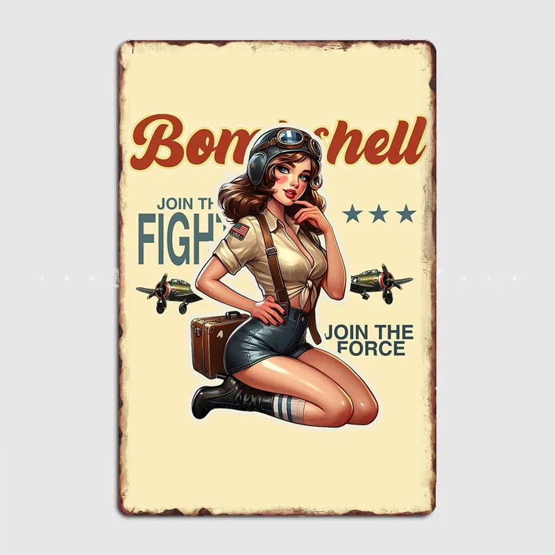 Classic Vintage ww2 pilot pinup woman Retro Poster Metal Sign Garage Club Indoor Room Wall Decor Custom Tin Home Decor