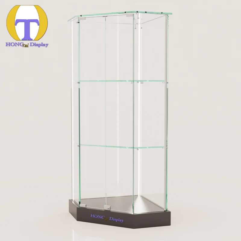 custom.Black Floor Standing Retail Stores and Exhibitions Corner Display Showcase