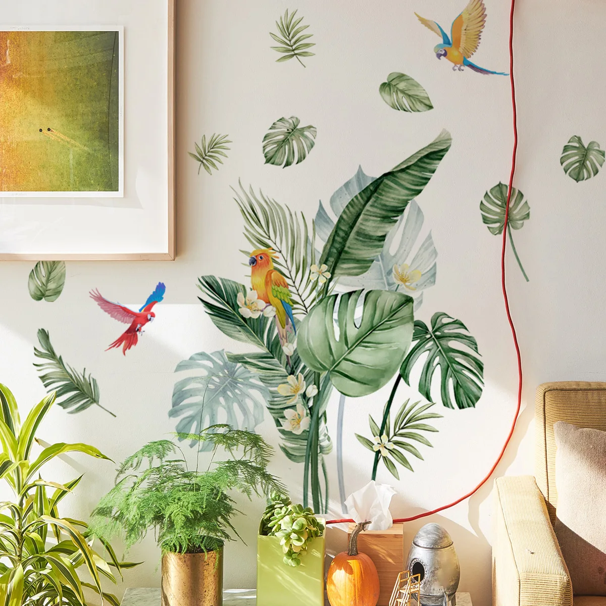 Tropical Green Leaves Plant Bird Living Room Bedroom Wall Decorative Wall Stickers Turtle Back Leaf Sticker Home Decor Art Mural