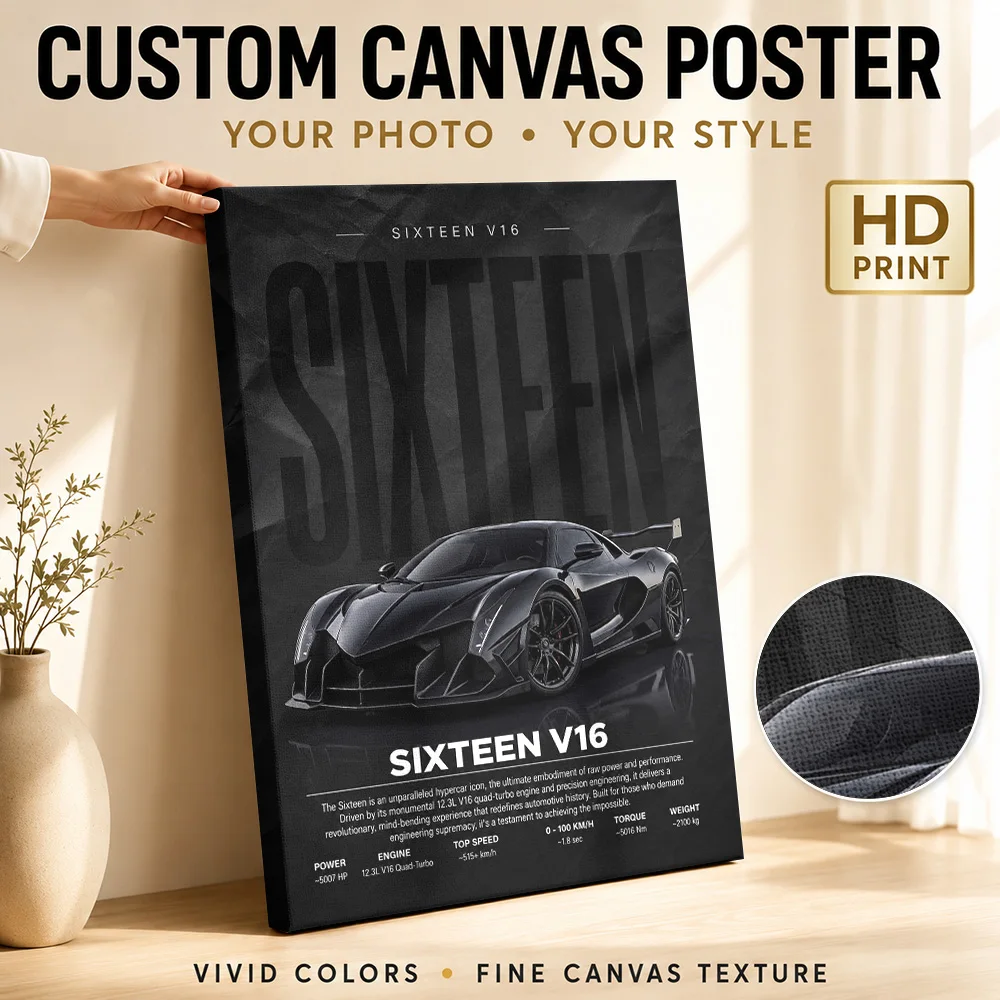 Black Emirati Sixteen V16 Hypercar Canvas Painting Poster Personalized Photo Modern Gallery Style Canvas Wall Art Garage Decor
