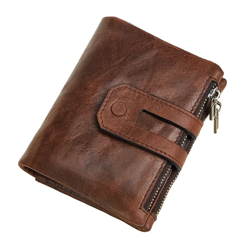 Cartera de cuero genuino RFID antirrobo para hombre, Tarjetero con doble cremallera, bolso corto para múltiples tarjetas, moda