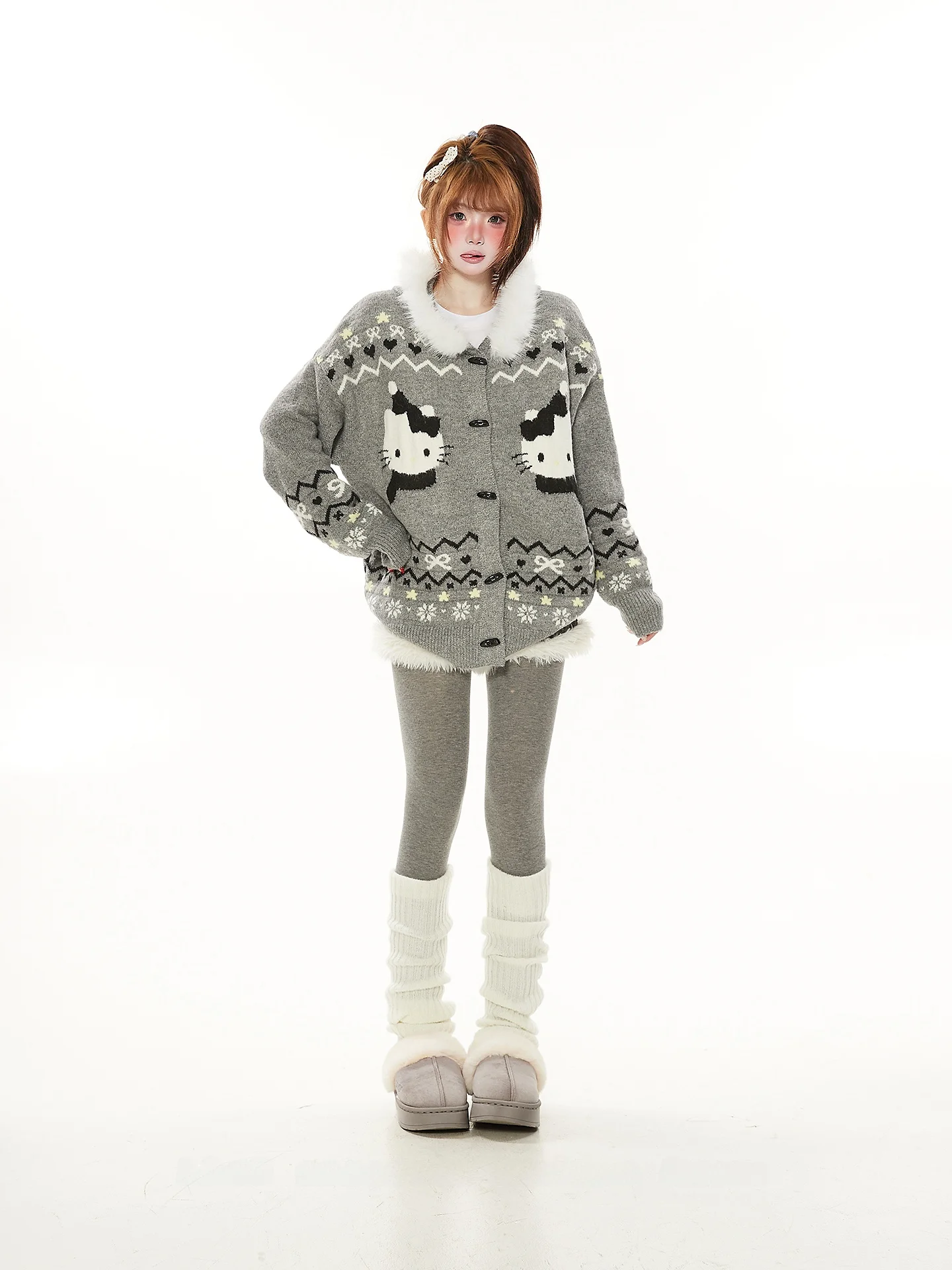 

Feeling Island Knitted Open Cardigan Women's Loose Sle Long Sve Sweater with Fur Collar Casual Spring Autumn Faion