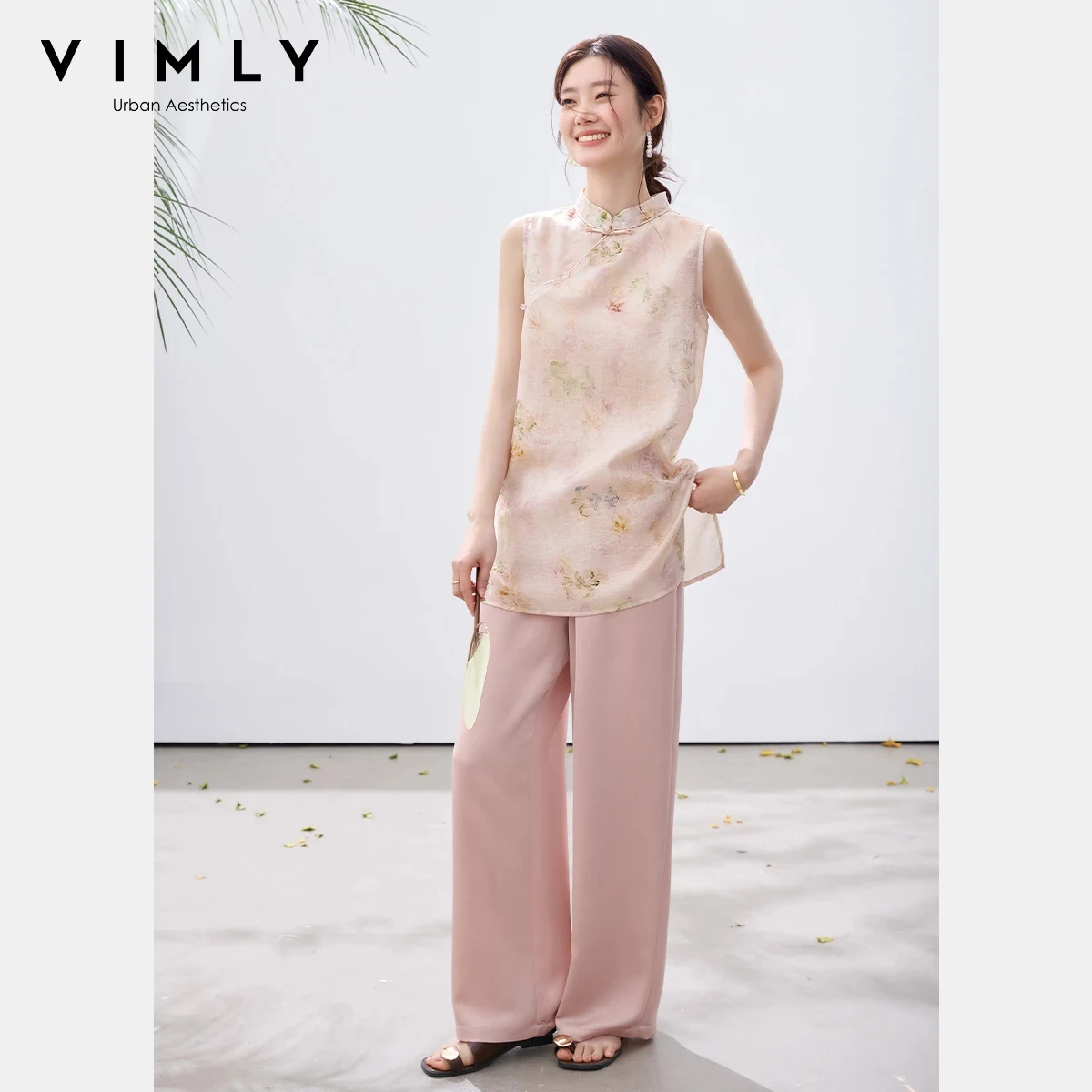 

VIMLY Women's Chinese Style Two-Piece Set Stand Collar Frog Button Jacquard Sleeveless Top Straight Pant Summer New Set A5217