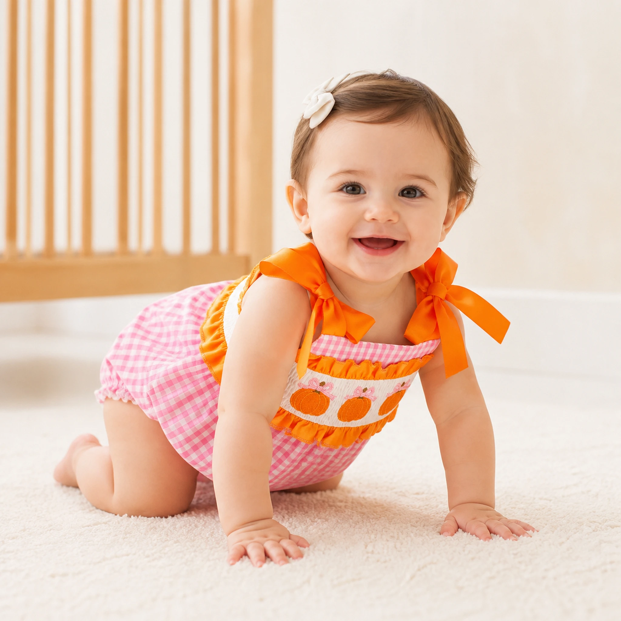 Baby Girl Pumpkin Embroidery Romper Spaghetti Strap Bow Ruffle Plaid Bodysuit Fall Halloween Outfit