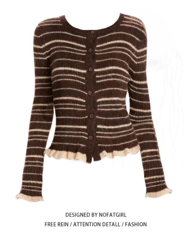 

Ретро-трикотаж с полосками, женская кофта с длинным рукавом, приталенный крой, стильный дизайн, верхняя одежда, модный топ больших размеров, с деревянным декором