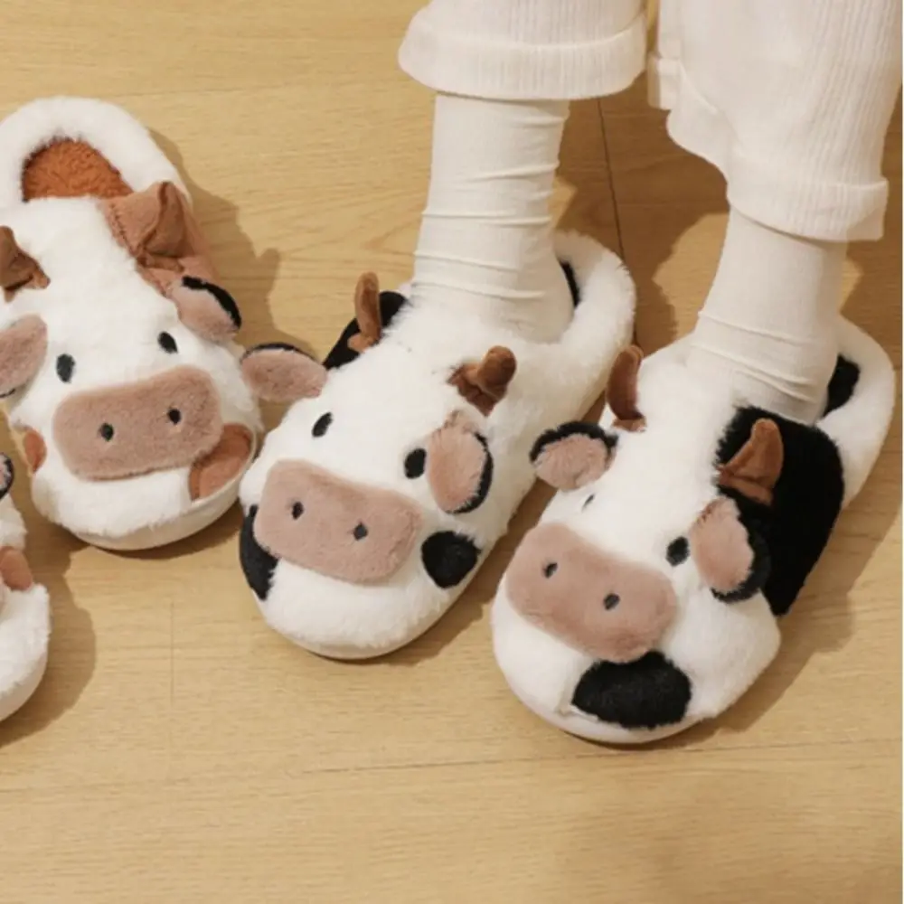 

1 pair Home Cotton Shoes Non-slip Cow Plush Slippers Cow Plush Soft Plush Slippers Warm Toe Wrap Winter Fluffy Slippers Couple