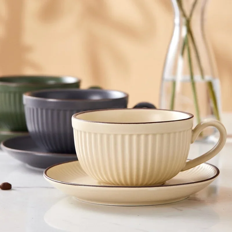 European Retro Style Ceramic Mugs Pumpkin Striped Coffe Cup with Saucer Afternoon Tea Cup Espresso Latte Mug Kitchen Water Cup