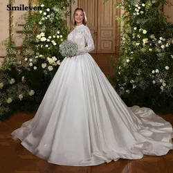 Smileven Long Sleeve Muslim Wedding Dress Ball Gown Elegant Satin Bride Dress vestidos de novia Illusion Neck Ball Gowns