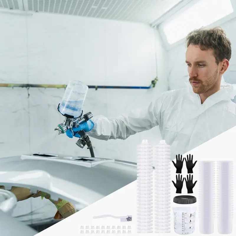 

Automotive Paint Cups 600ml Paint Mixing Cup Include 50 Cup Liners 50 Lids 1 Hard Cup 20 Plugs 1 Pair Gloves 1 Brush