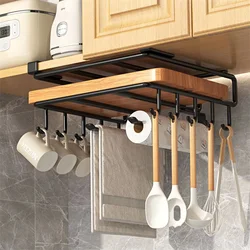 Hanging Rack Under Kitchen cabinet,Kitchen Organizer Rack with Hook Paper Towel Rag Cutting Board Pot Cover Holder Storage Shelf